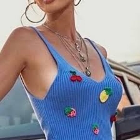 ZARA Blue Medium Ribbed Knit Fruit Embroidered Sleeveless V Neckline Camisole - Picture 2 of 10